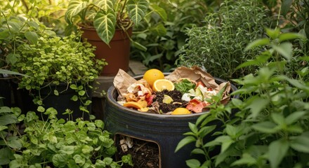 Fototapeta premium Indoor Composting Sanctuary Sustainable Living with Houseplants and Organic Waste in a Cozy Home Environment, Warm Natural Light
