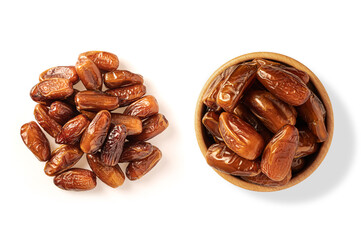 Dry date fruits in wooden bowl isolated on white background. Top view
