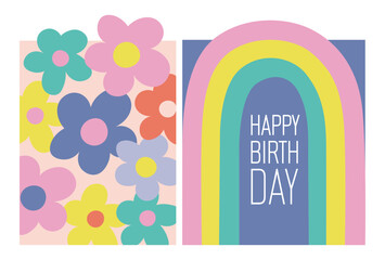 Retro Flowers Pastel Rainbow Happy Birthday Card Illustration