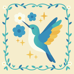 Cute Hummingbird with Floral Frame Illustration