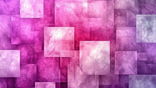 Abstract geometric pattern of overlapping squares in vibrant pink and purple hues