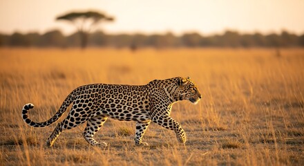 Leopard on the African Savannah Majestic Predator in Golden Light at Dusk or Dawn