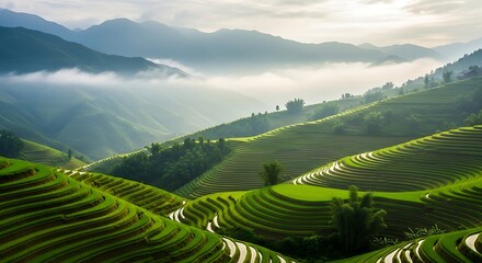 Serene Rice Terraces Lush Green Fields and Misty Mountains in the Asian Countryside