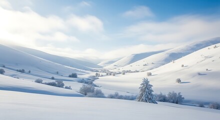 Snowy Valley Landscape A serene winter scene featuring snow-covered hills under a bright blue sky, evoking feelings of peace and natural beauty.