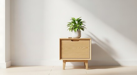 Modern Minimalist Aesthetic Small Green Plant on Wooden Cabinet Against a White Wall, Bathed in Natural Light.