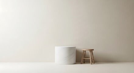 Minimalist Studio Still Life Stool and Cylinder Against a Beige Wall, Creating a Calm and Simple Aesthetic
