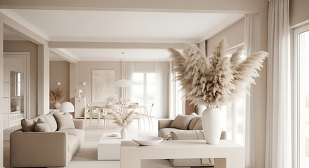 Elegant Neutral Toned Living Room Interior Design with Pampas Grass Decor and Minimalist Aesthetic