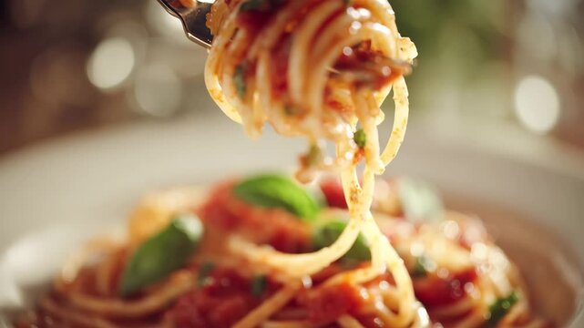 spaghetti with tomato sauce on fork