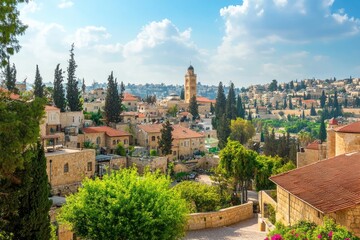 Panoramic view of an ancient hillside town, terracotta roofs, olive trees, and pale stone buildings under a partly cloudy sky