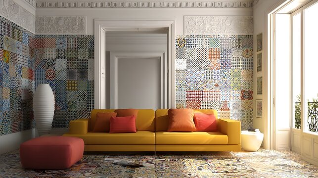 Modern Living Room Minimalist Tile Andalusian Spanish Style Sunny Weather Vibrant Accents Crisp Details Radiant Lighting Elegant Design Luxurious Ambiance Sophisticated Appeal (AI-Generated)