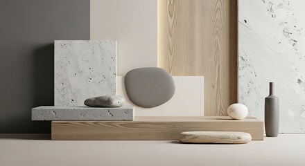 Minimalist Still Life with Textural Layers Marble, Stone, and Wood Composition with Neutral Tones