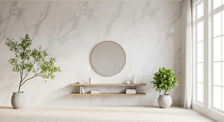 Minimalist Interior with Plants, Marble Walls, and Natural Light for Serene Modern Living Spaces