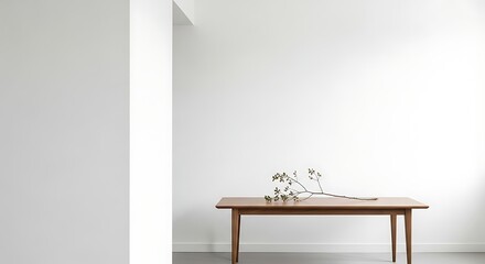 Minimalist Interior Design A simple wooden table with delicate branches adds warmth to the clean, bright white space.