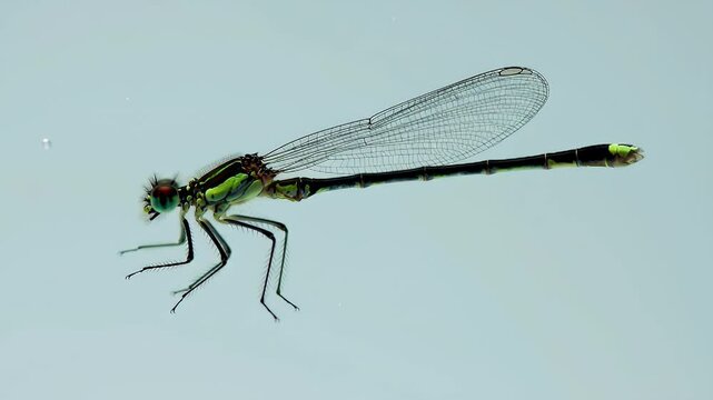 Close-up of a green damselfly in profile, showcasing its delicate wings and slender body against a soft, light background.