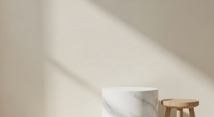 Minimalist Scene with Marble Pedestal and Wooden Stool against a Cream-Colored Wall