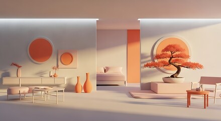 Serene Interior with Bonsai and Minimalist Decor, A Peaceful Harmony of Modern Design and Natural Elements