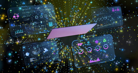 Floating purple laptop outline in digital field, showing four holographic data panels and particles