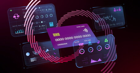 Displaying purple bank card floating in cyberspace, with charts, money bag and lock icons and rings