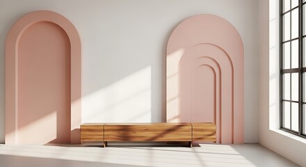 Minimalist Room Design with Arched Accents and Modern Wooden Cabinet, Creating a Serene and Stylish Interior Space