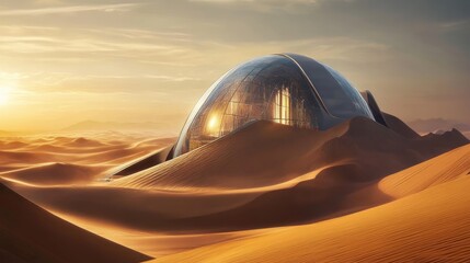 Glass dome structure nestled in a vast desert landscape at sunrise