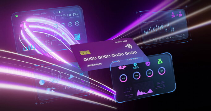 Floating purple bank card gliding through financial panels in virtual interface, with neon trails - Powered by Adobe