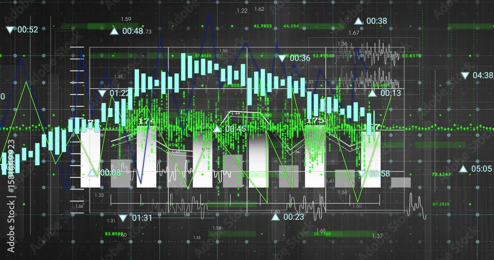 Poster displaying data chart on analytics dashboard, with green bars, blue line graph and grid overlay