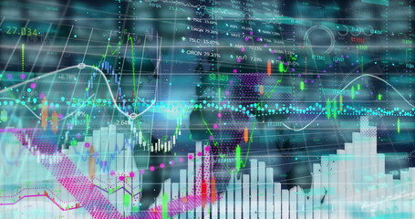 Displaying composite financial data on trading interface, with candlestick charts, line graphs