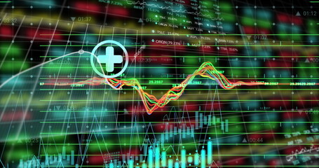 Showing circular plus icon over data grid on trading dashboard, with candlestick bars, line graphs