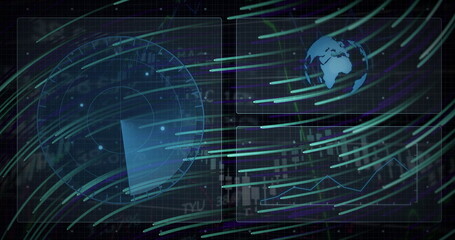 Displaying circular radar scanning in console, with Earth globe, chart panels and streaming lines