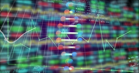 Obraz premium Displaying neon-green line graph moving across stock market dashboard, with colored circular nodes