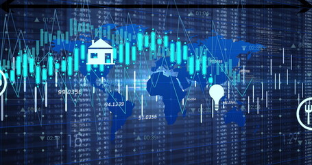 Displaying world map financial chart with candlestick bars and sector icons on trading interface