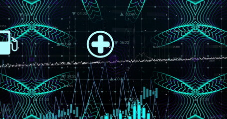 Showing central plus icon on dashboard with dotted trail, waveforms, bar charts and timestamps