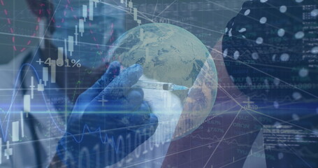 Merging gloved hand holding syringe with globe in lab, with candlestick charts and market data