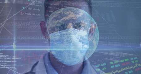 Analyzing doctor wearing lab coat and mask in digital hub with stethoscope globe overlay charts