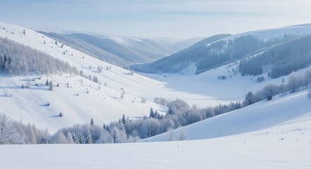 Serene Snowy Valley A Winter Wonderland Landscape of Hills and Trees under a Bright Blue Sky