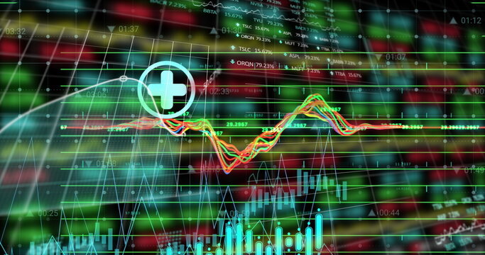 Showing circular plus icon over data grid on trading dashboard, with candlestick bars, line graphs - Powered by Adobe