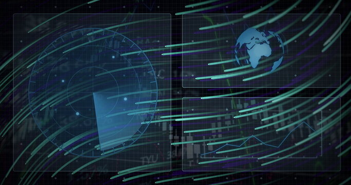 Displaying circular radar scanning in console, with Earth globe, chart panels and streaming lines