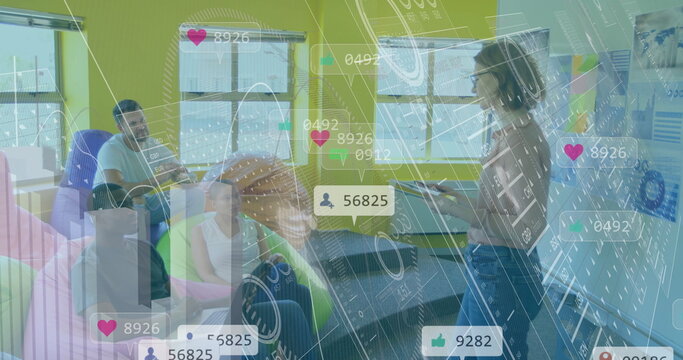 Presenting woman holding tablet showing metrics in office lounge with beanbags, charts, copy space - Powered by Adobe