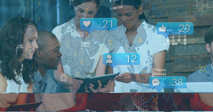 Collaborating professionals in business attire analyzing tablet in office, with overlaid icons