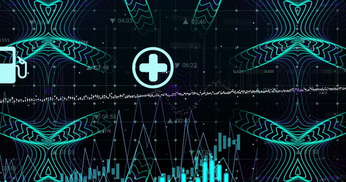 Showing central plus icon on dashboard with dotted trail, waveforms, bar charts and timestamps