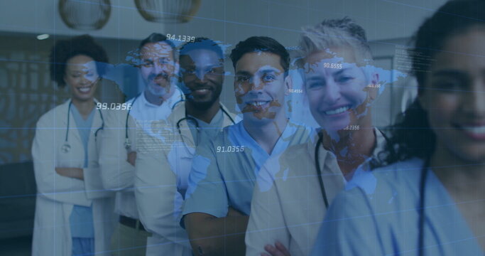 Standing team wearing scrubs and labcoats in hospital hall, with stethoscopes and world map overlay
