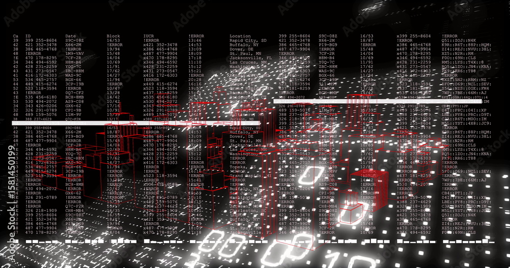 Poster displaying translucent red server rack wireframes in virtual data center, with glowing grid nodes