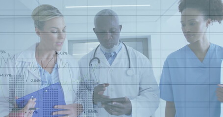 Walking medical team checking data in hospital hall, with clipboard, tablet, stethoscope, overlays