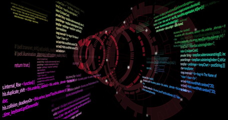Rotating red circular interface hovering in cyber dashboard, with floating code and glowing nodes
