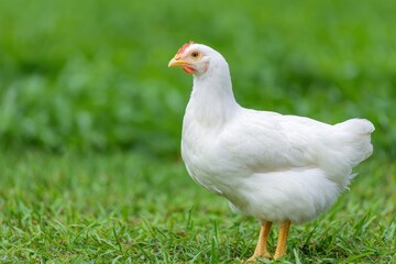 Fototapeta premium A white chicken stands on green grass facing left It has yellow legs and a red comb