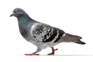 Obraz premium A pigeon with gray black and white feathers is walking on a white background
