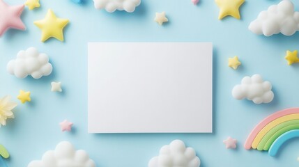 Blank white invitation card for a kid's birthday with cut-out paper collage 