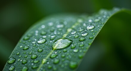 Vibrant green leaves shimmer with fresh water droplets, capturing the essence of nature's renewal after rain or morning dew