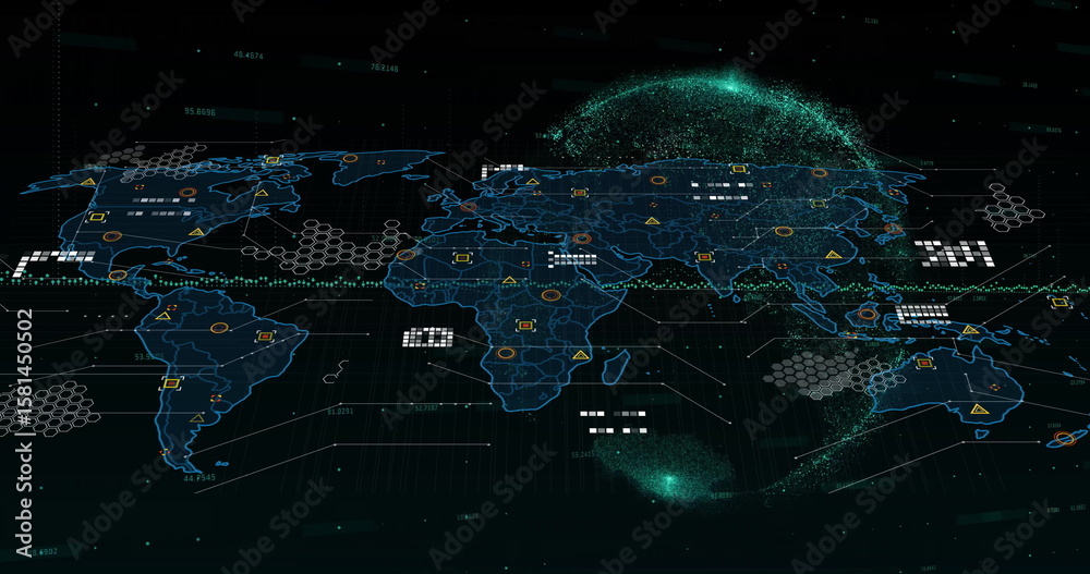 Poster displaying holographic world map floating on control dashboard, with translucent hex grid
