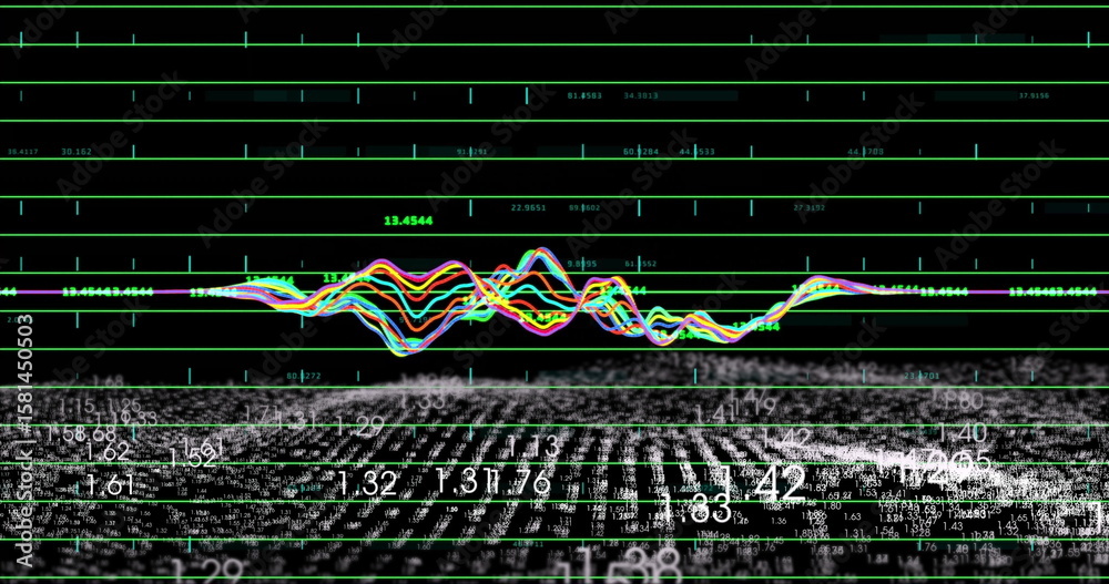 Poster displaying colorful waveform undulating over green grid on virtual dashboard, white numeric data